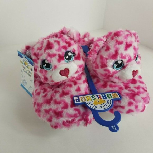 Build A Bear Workshop Kids Slippers Tiny Hearts Bea Plush Pink Sz XL 3/4 BAB New - Picture 10 of 12